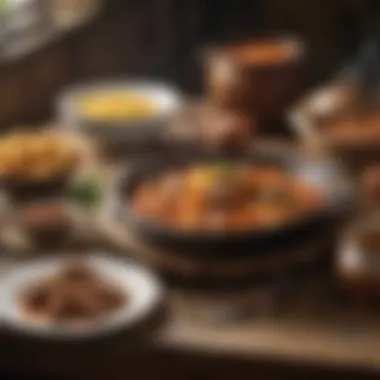 Traditional Dishes on a Rustic Table A rustic table setting featuring traditional dishes
