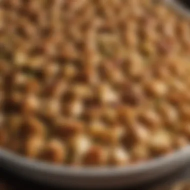 A close-up of a delectable stuffing filled with rich flavors and ingredients Deliciously prepared stuffing bursting with flavors