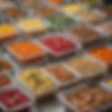 A vibrant assortment of freezer-friendly meals arranged in clear containers, showcasing variety and color.