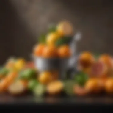 A vibrant assortment of fresh citrus fruits arranged artfully beside a manual juicer