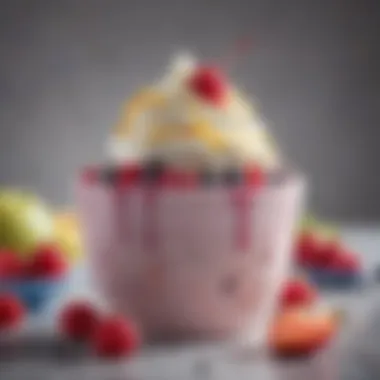 A close-up of a cup of frozen yogurt topped with fresh fruits and sprinkles.