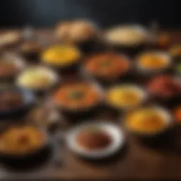 A vibrant spread of traditional dishes inspired by Gandhi's philosophy, showcasing a fusion of flavors and textures.