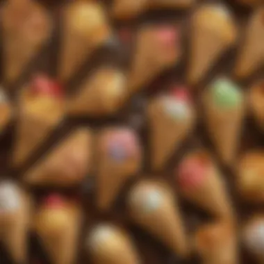 Deliciously Filled Gluten-Free Waffle Cones A beautifully arranged display of freshly made gluten-free waffle cones filled with various flavors of ice cream.
