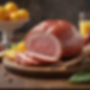 Gourmet Ham Pairing with Cheeses and Fruits Sliced gourmet ham paired with artisanal cheeses and fruits.