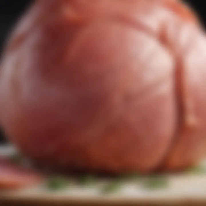 A close-up of gourmet ham showcasing its marbling and texture.