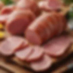 A variety of gourmet ham types displayed elegantly on a wooden board.
