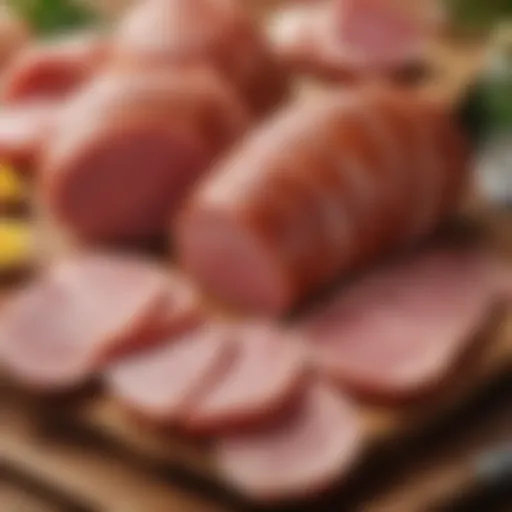 A variety of gourmet ham types displayed elegantly on a wooden board.