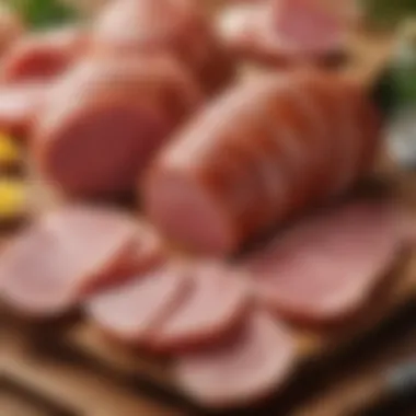 Diverse Gourmet Ham Varieties A variety of gourmet ham types displayed elegantly on a wooden board.