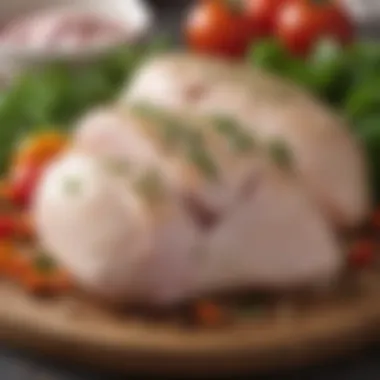 A close-up of fresh chicken breast surrounded by fresh herbs and vegetables.