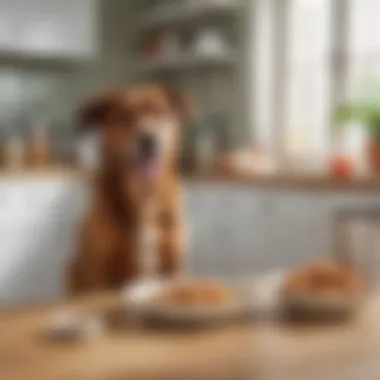 A playful dog enjoying a bowl of grain-free chicken food in a bright kitchen setting.