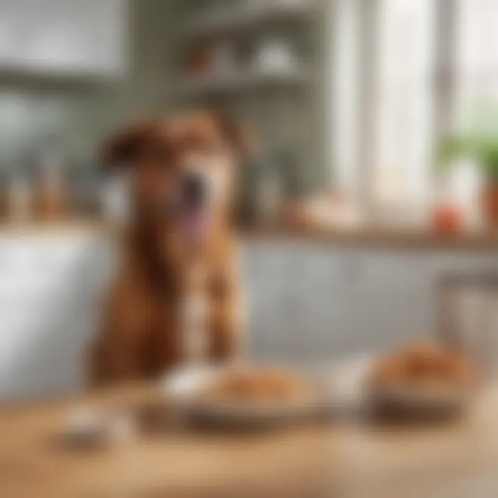 A playful dog enjoying a bowl of grain-free chicken food in a bright kitchen setting.