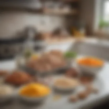 An organized kitchen counter displaying various ingredients used in grain-free dog recipes.