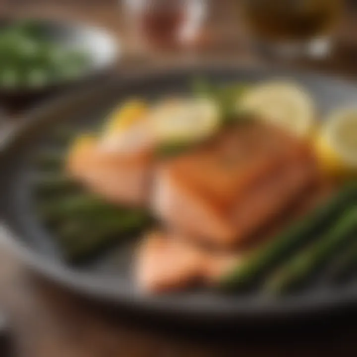 A delicious plate of baked salmon with a side of asparagus.