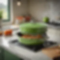 Elegant green pan steamer on a kitchen counter