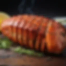 A beautifully grilled lobster tail with charred edges and garnished with herbs.