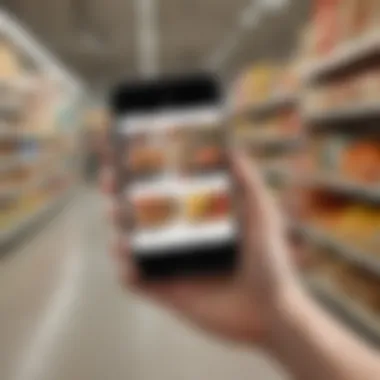 Smartphone Grocery Ordering A shopper placing an order for grocery curbside pickup using a smartphone, showcasing modern technology in retail.