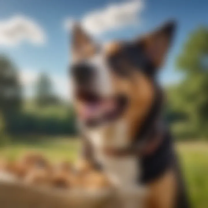 A cheerful dog enjoying a homemade treat outdoors, with a bright blue sky in the background.