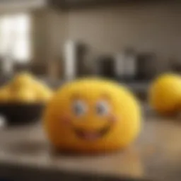 A vibrant and whimsical happy face sponge resting on a countertop.