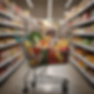 A shopping cart filled with affordable keto-friendly groceries in a supermarket aisle.