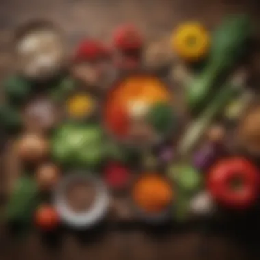 Fresh Ingredients for Keto Budgeting A vibrant assortment of keto-friendly vegetables and proteins arranged on a rustic wooden table.