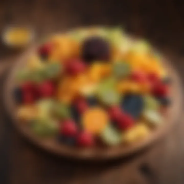 An assortment of vibrant fruits arranged on a wooden platter, showcasing healthy snacking options.