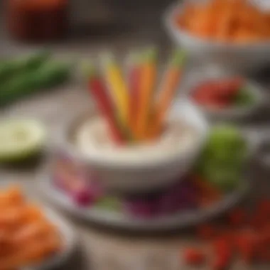 Colorful vegetable sticks with a creamy dip, highlighting a convenient snack option.