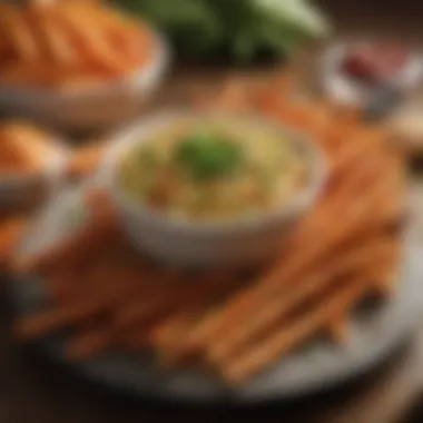 A close-up of crunchy vegetable sticks with a tasty dip