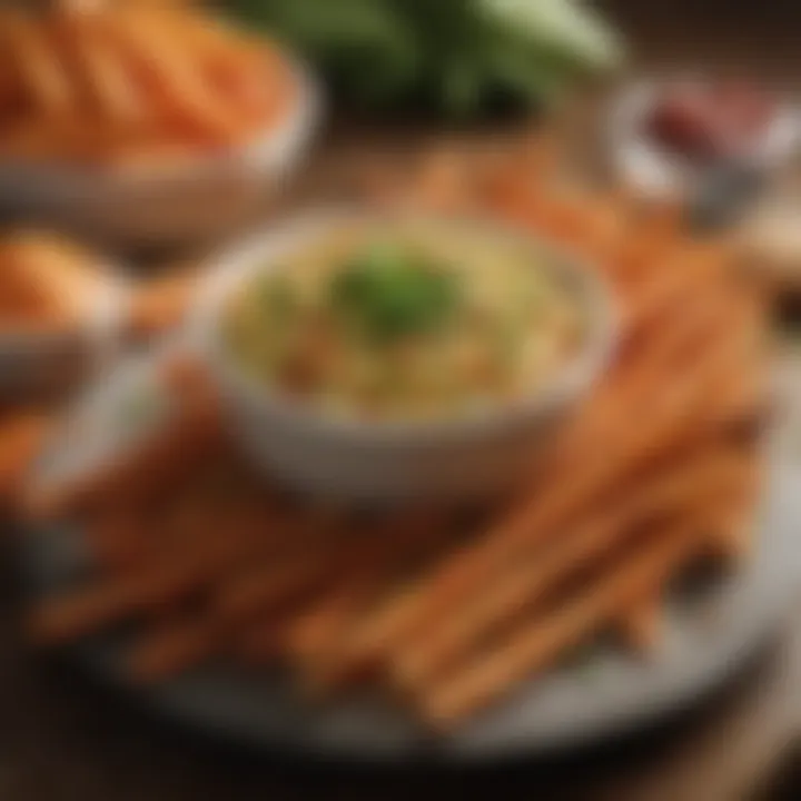 A close-up of crunchy vegetable sticks with a tasty dip