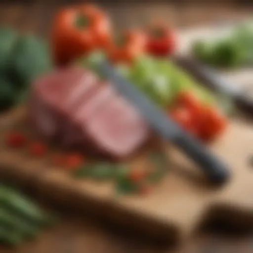 Sturdy meat cleaver resting on a wooden cutting board with fresh vegetables