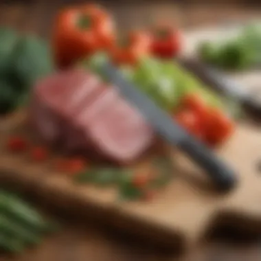 Sturdy Meat Cleaver on Cutting Board Sturdy meat cleaver resting on a wooden cutting board with fresh vegetables