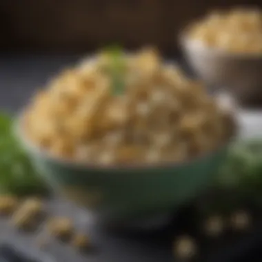 A stylish bowl of herb popcorn served with a side of dipping sauce.