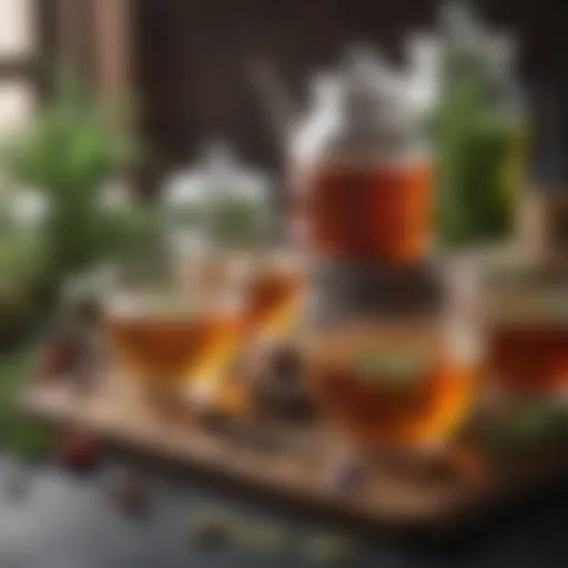 A serene herbal tea setup with various herbs and blends
