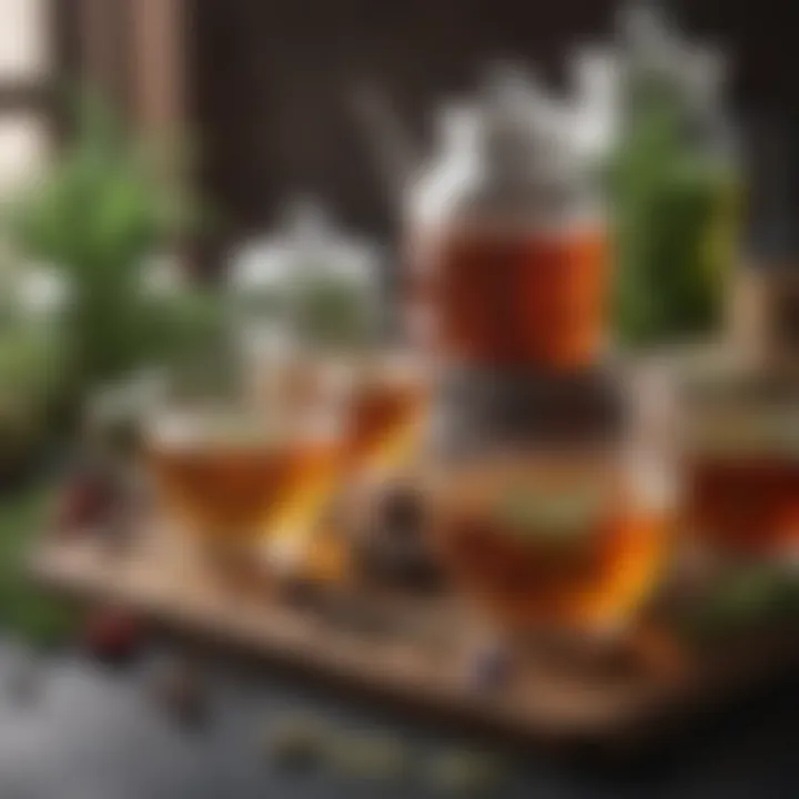 A serene herbal tea setup with various herbs and blends