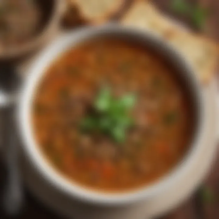 A close-up of a hearty lentil soup garnished with herbs and spices