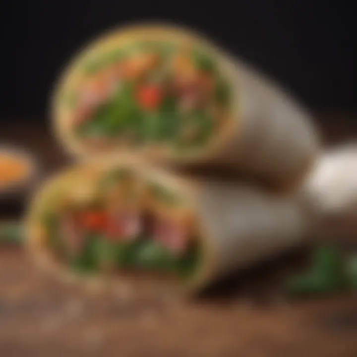 A colorful spread of whole grain wraps filled with fresh greens and beans