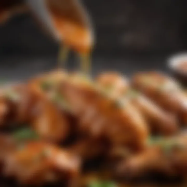 A close-up view of honey garlic sauce drizzling over chicken wings