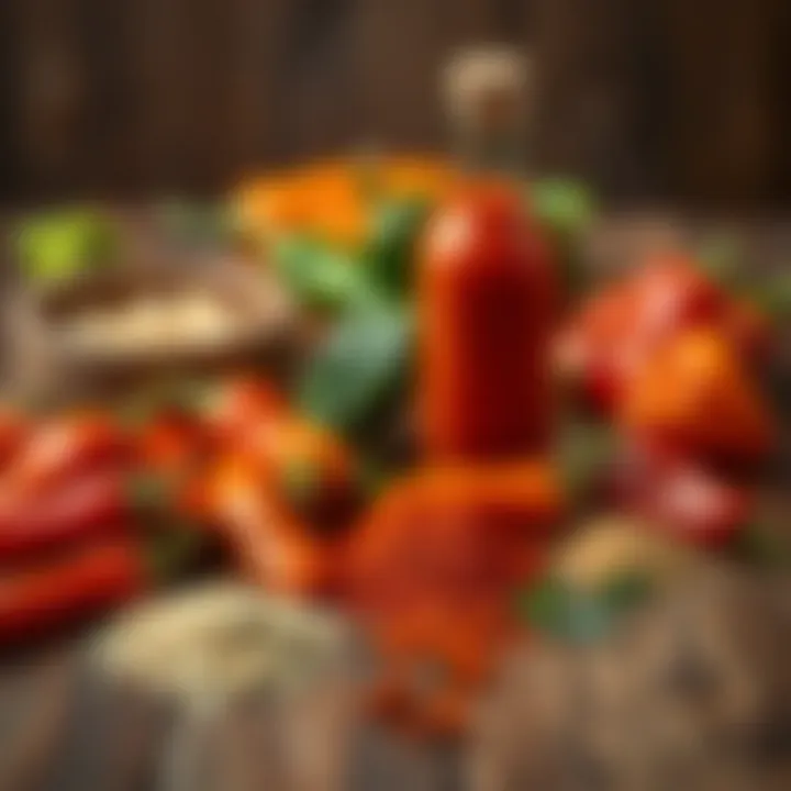 A variety of hot peppers and spices laid out on a wooden surface, emphasizing the ingredients of spicy buffalo sauce.
