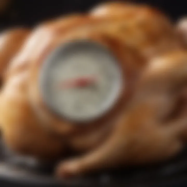 A thermometer inserted into a whole chicken, checking doneness