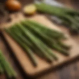 Fresh asparagus spears arranged on a cutting board