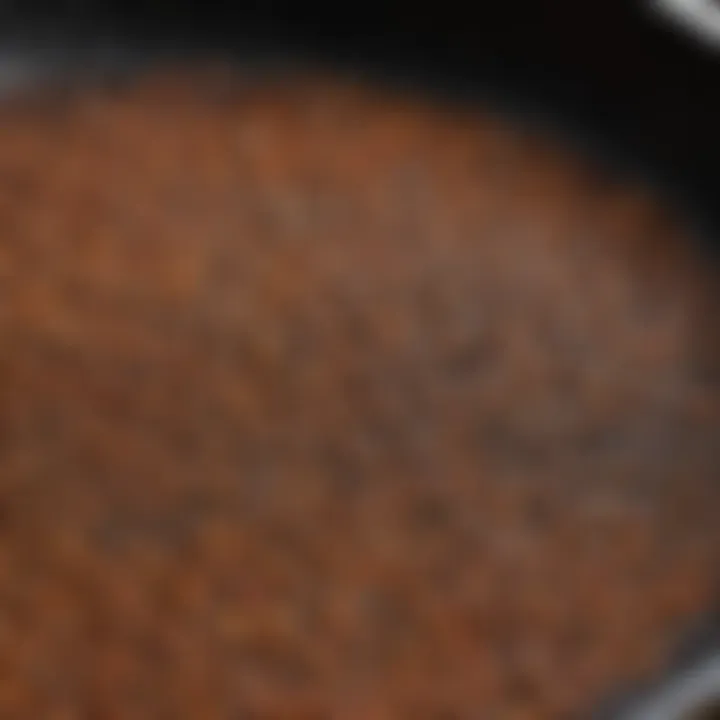 A close-up of the seasoning on a cast iron skillet, highlighting its texture