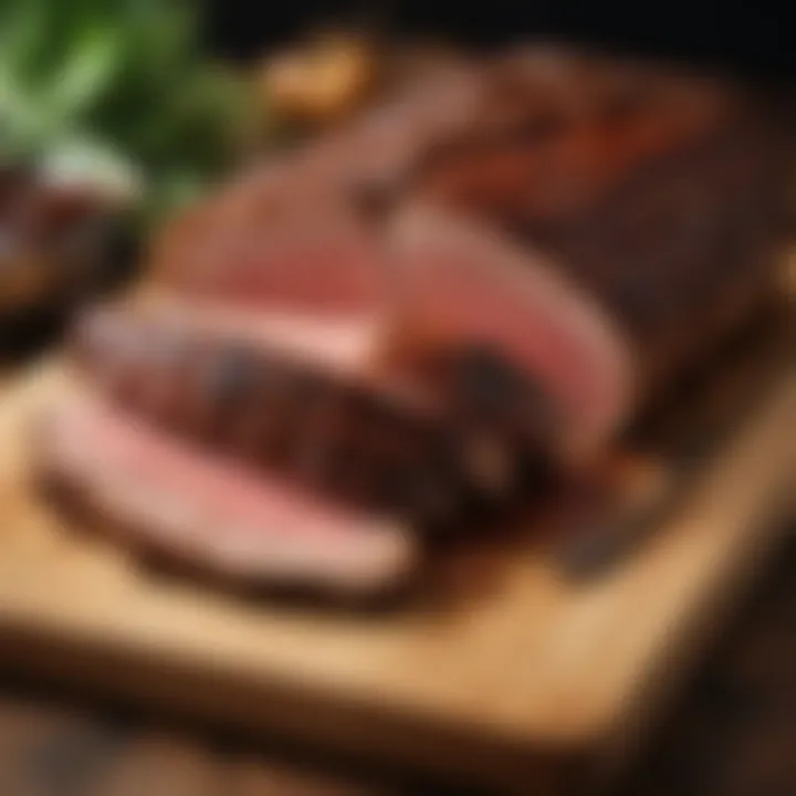 A succulent brisket resting on a wooden cutting board, showcasing its tender texture.