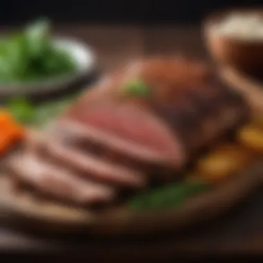 Served Brisket Platter Sliced brisket arranged on a platter, garnished with herbs and accompanied by sides.