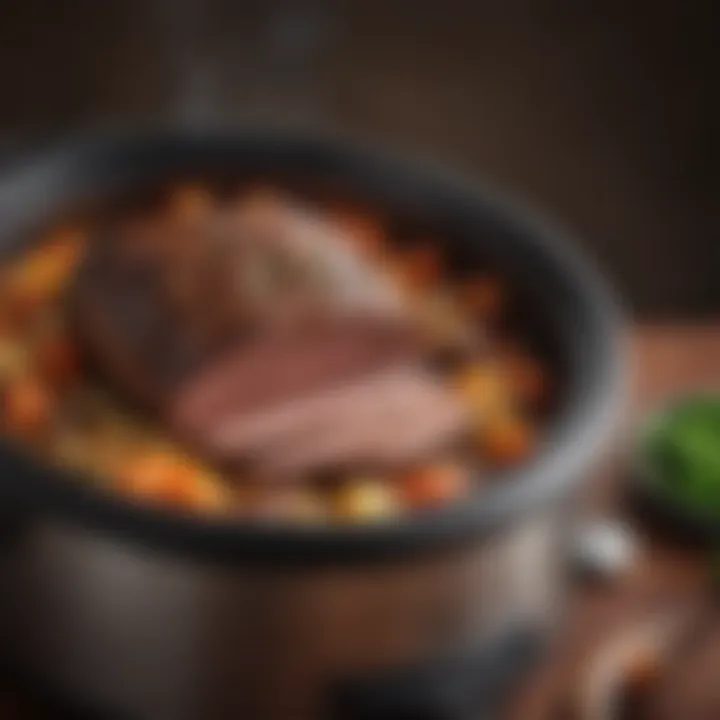 A slow cooker filled with brisket and vegetables, emanating rich aromas.