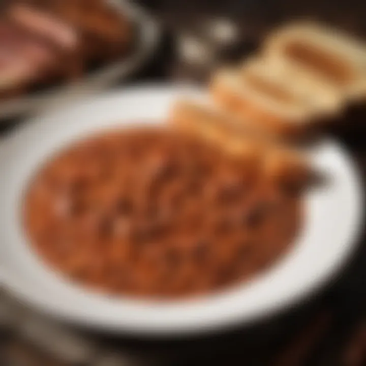 A plate of baked beans served alongside grilled meats and bread