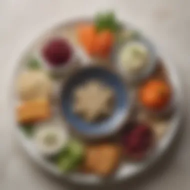 Close-up of Seder plate with symbolic items for Passover.