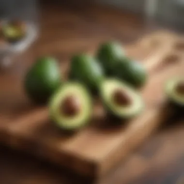 Whole avocados on a wooden cutting board showcasing their rich green skin.