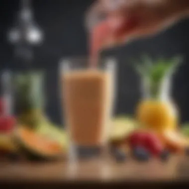 Smoothie being poured into a glass with fresh fruit garnishing