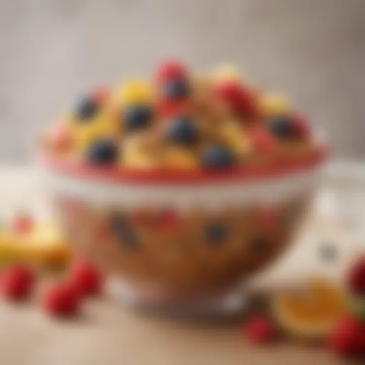 Close-up of a beautifully arranged bowl of homemade cereal topped with fresh fruits.