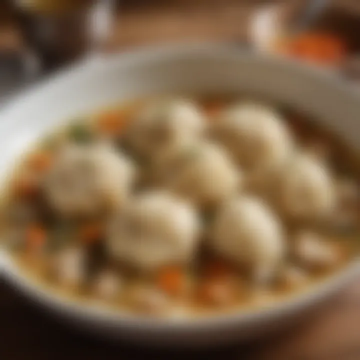 Close-up of fluffy dumplings resting on a bed of savory chicken broth.