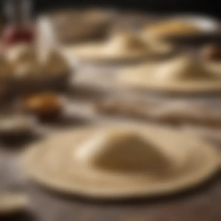 A well-floured surface with tortillas being prepared for cooking.